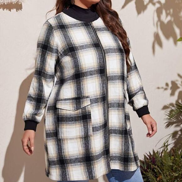 NEW! PLUS Size Black Plaid Flap Pocket Zipper Bomber Lightweight Overcoat Winter - Picture 3 of 4